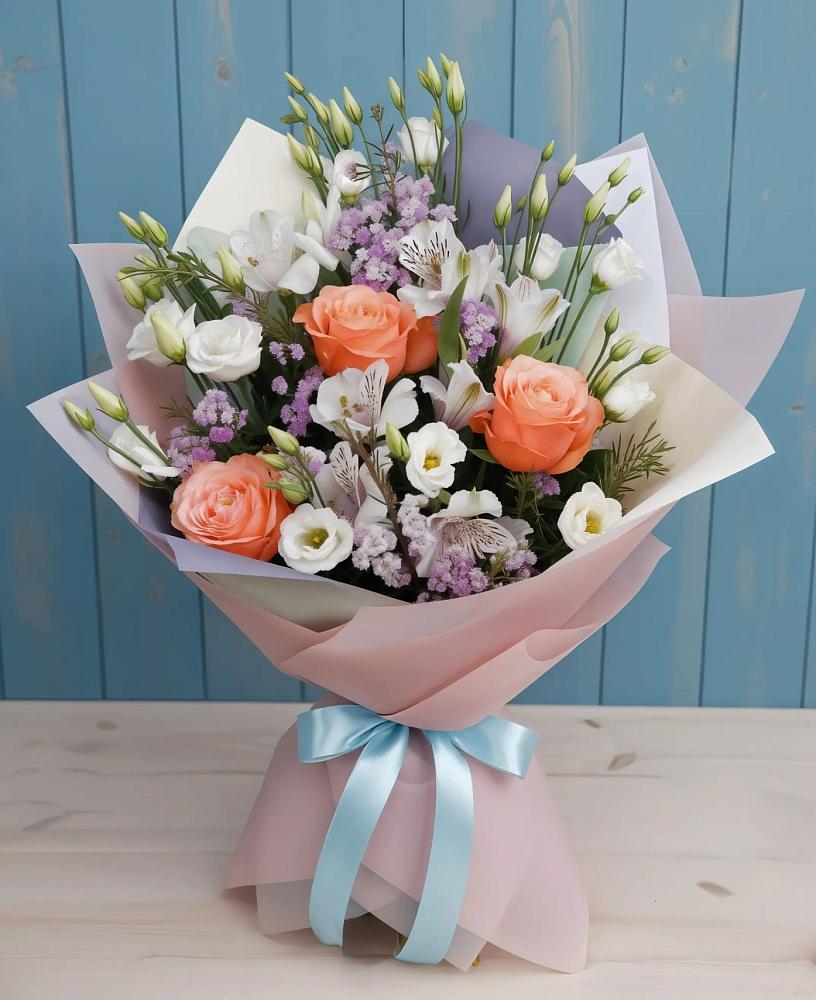Букет цветов из: Лизиантусы, Розы, Альстромерии и Гипсофила в Кенже