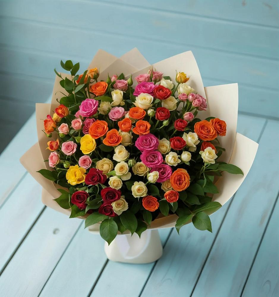 Букет Микс из разноцветных кустовых роз в Кенже