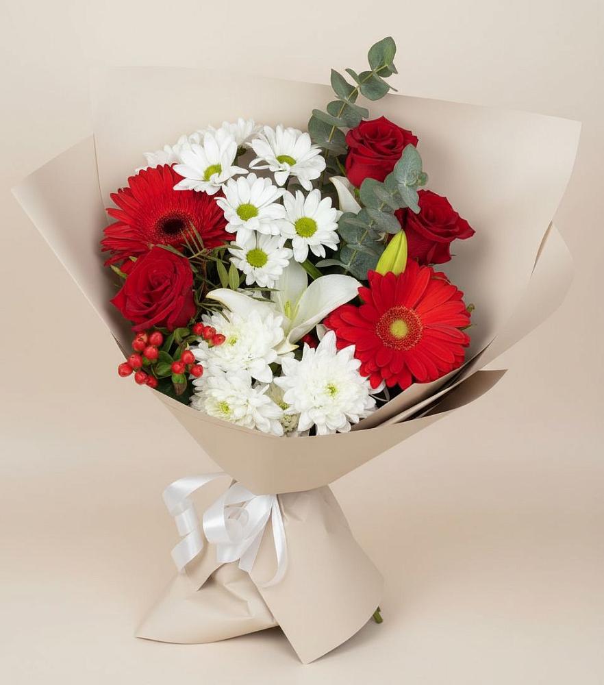 Букет цветов из: Розы, Хризантемы, Герберы и Лилии в Кенже