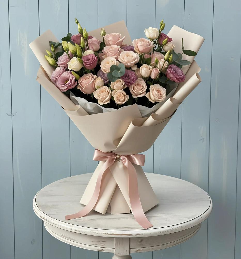 Букет цветов из: Розы и Лизиантусы в Кенже