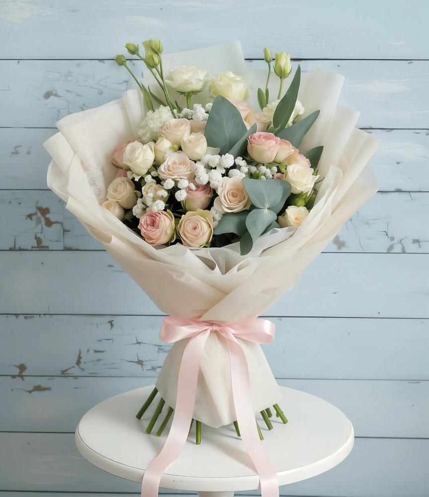 Букет цветов из: Розы и Лизиантусы в Кенже