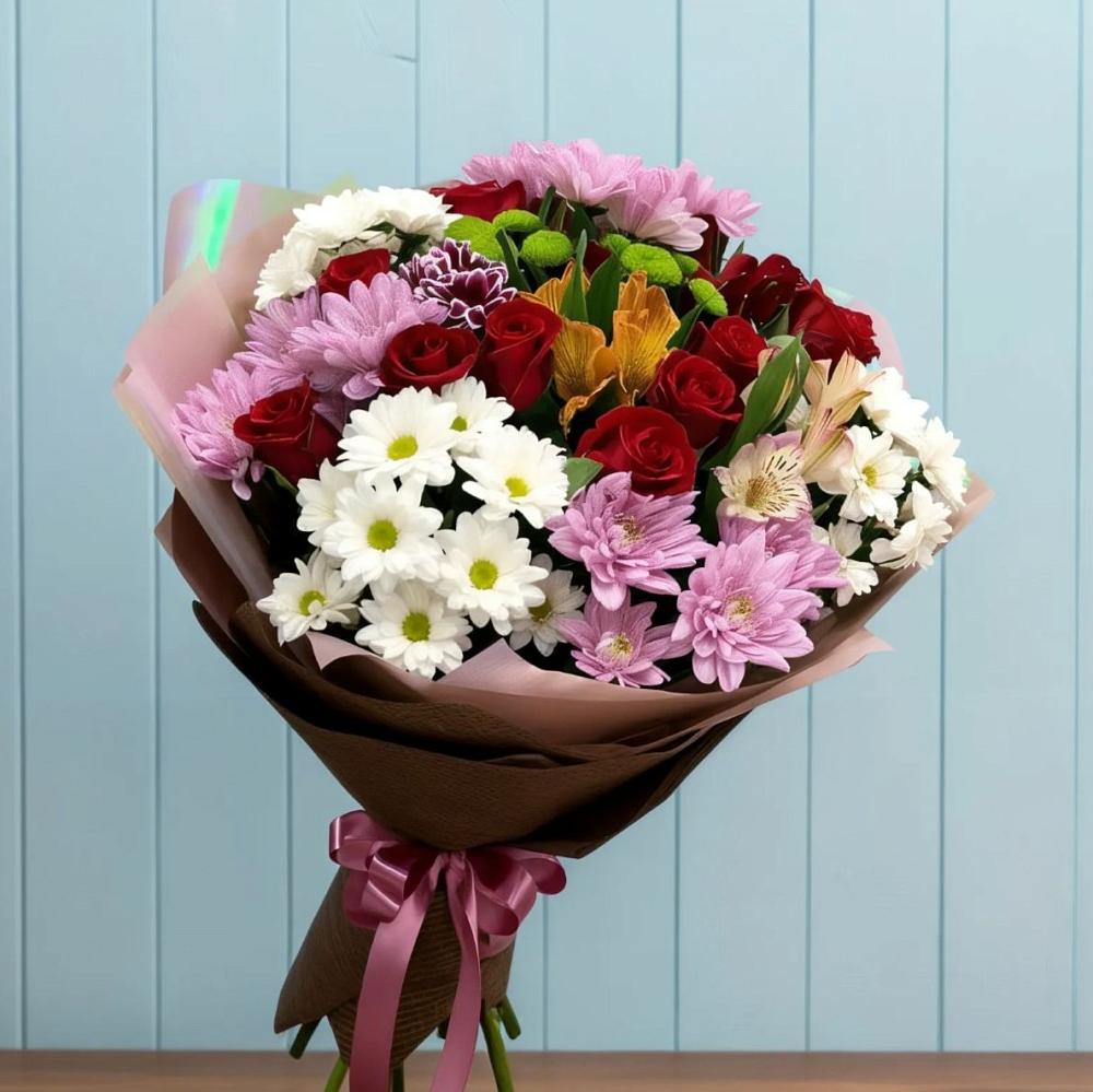 Букет цветов из: Розы, Хризантемы и Альстромерии в Кенже