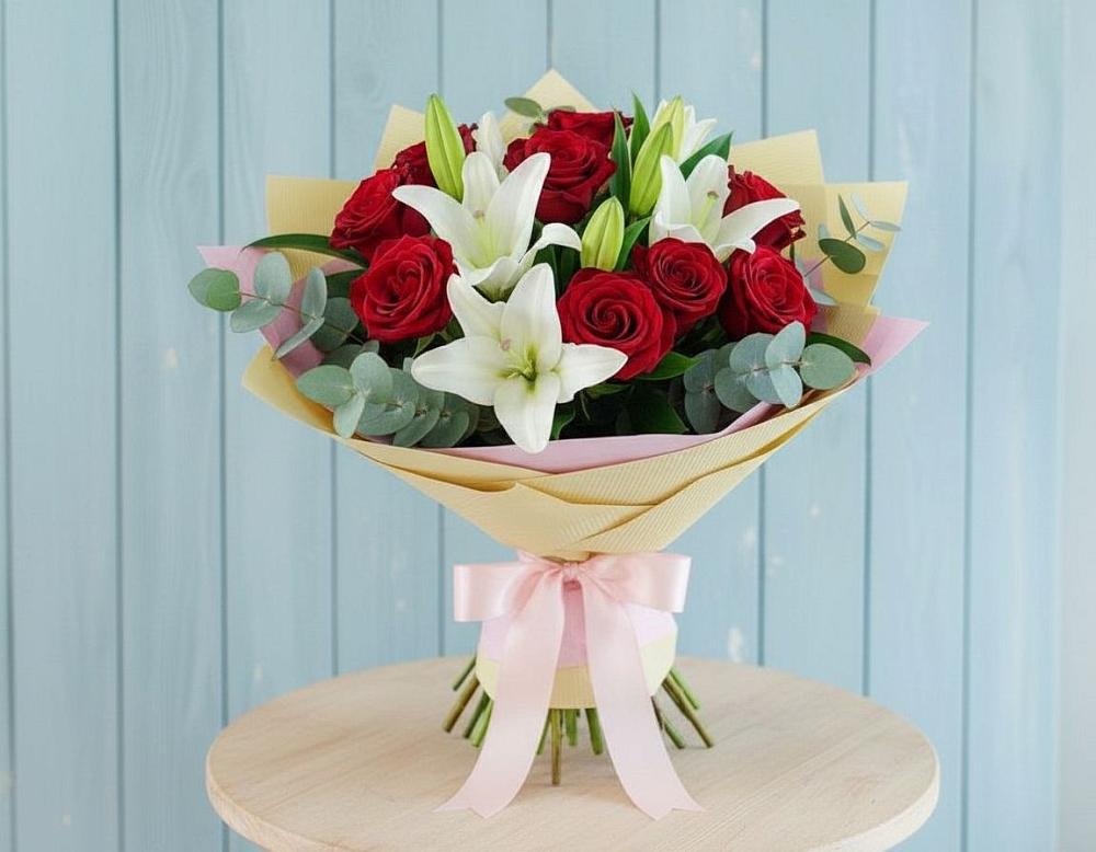 Букет цветов из: Лилии и Розы в Кенже