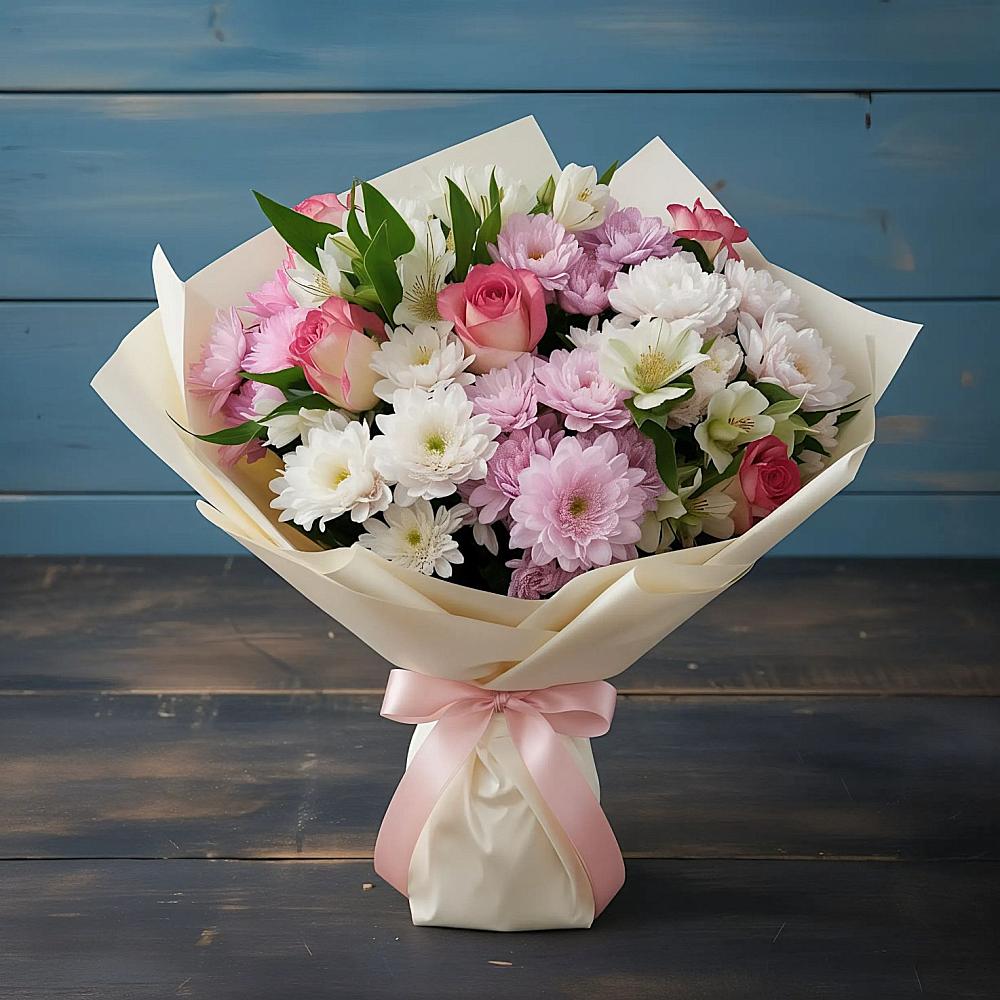 Букет цветов из: Хризантемы, Альстромерии и Розы в Кенже